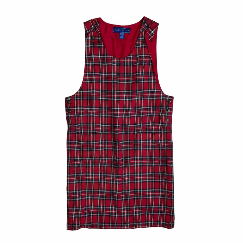 Vintage 90s Red Tartan Plaid Sleeveless Jumper Shift Dress Small Karen Scott